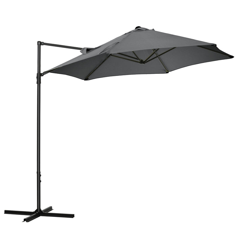 Chapéu de Sol de Jardim Ø256x245cm Chapéu de Sol Excêntrico Rotação 360° com Abertura Manual e Base Cruzada para Pátio Varanda Exterior Cinza Escuro