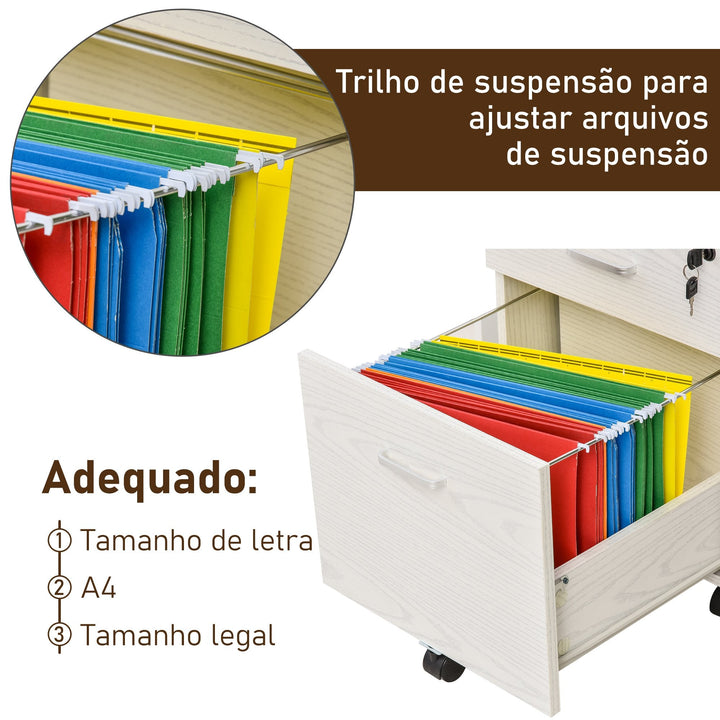 Armário móvel para arquivos A4 com rodas 2 gavetas e fechadura 40x44x54,6 cm Branco