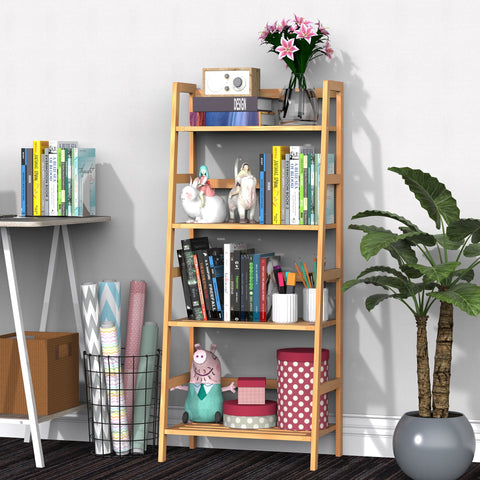 Estante de Bambu 4 Níveis Estante em Escada de Casa de Banho Livraria Organizador 48x30x119cm