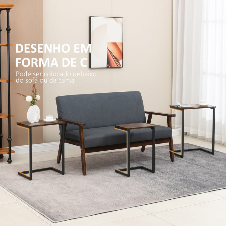 Conjunto de 3 Mesas Auxiliares em Forma de C Mesas de Estilo Industrial com Pés de Aço para Sala de Estar Dormitório Escritório 45x30x60cm 40x28x56cm e 34x25x50cm Marrom Rústico