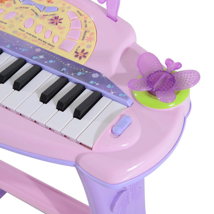 Órgão Eléctrico Infantil 37 Teclas Piano Infantil com Microfone Banquinho Luzes Ritmos Sons MP3 Karaoke Modo Aprender Rosa
