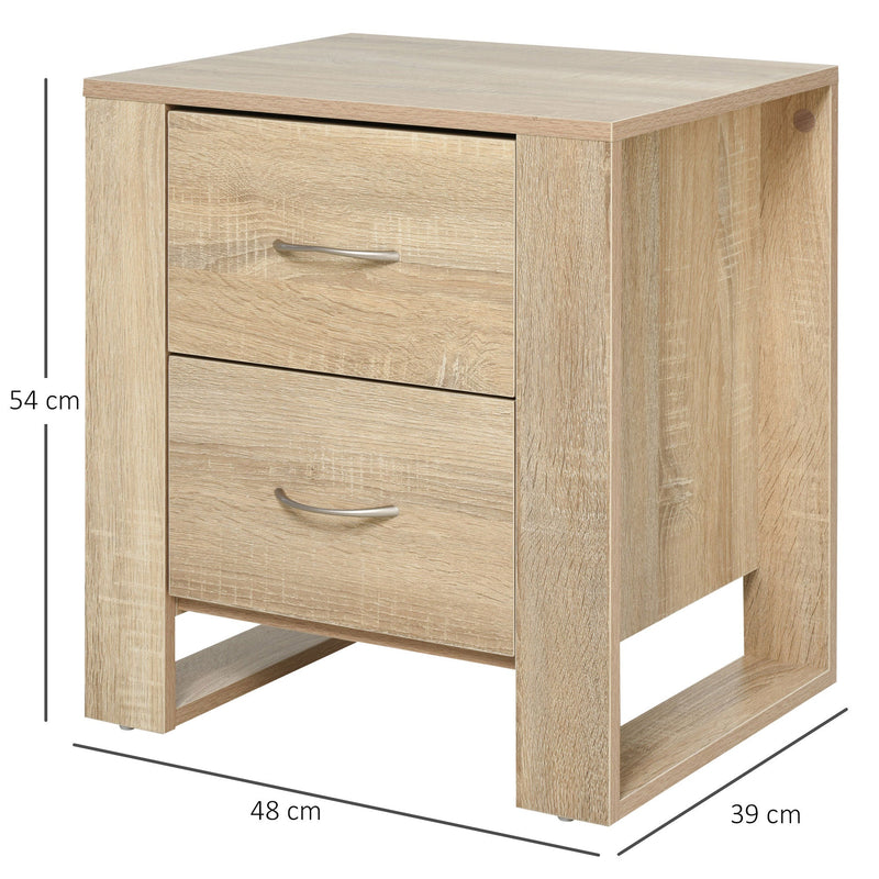 Mesa de Cabeceira com 2 Gavetas Pés e Base Elevada para Dormitório Mesa Lateral para Sala de Estar Estilo Moderno 48x39x54cm Carvalho