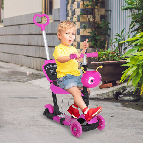 5 em 1 trotinete para crianças de acima de 1 ano 3 rodas trotinete com assento removível guiador ajustável 62x25x72,5 cm Rosa