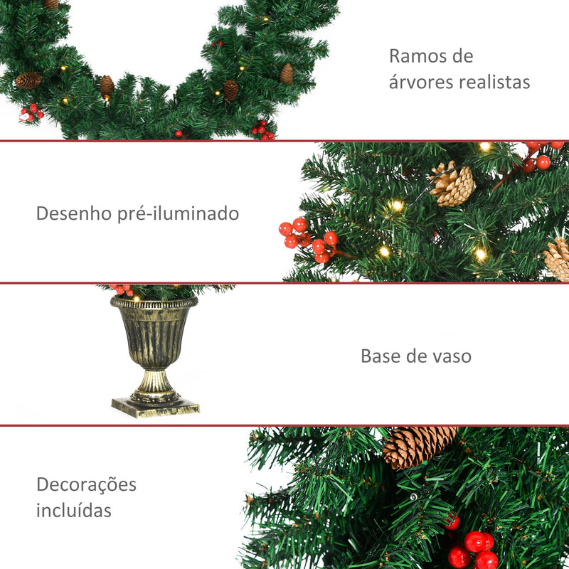 Conjunto de Decoração de Natal 4 Peças Decoração de Natal com 2 Árvores de Natal Coroa e Grinalda com Luzes LED Branca e Bagas Vermelhas 40x40x90cm Verde