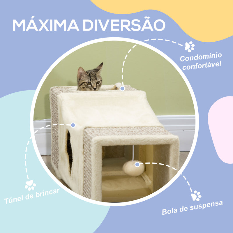 Túnel para Gatos com Bola Supensa Túnel para Gatos Dobrável com Múltiplas Entradas Caverna de Sisal 98x30x30 cm Creme e Cinza