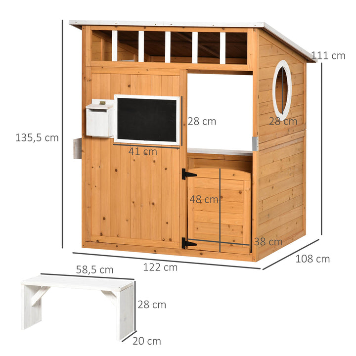 Casa Infantil de Madeira Casa de Brincar para Crianças acima de 3 Anos com Banco Caixa de Correio Lousa Janelas e Portas para Exterior 122x108x135,5cm Natural