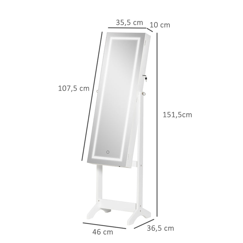 Joalheiro de Pé Armário para Jóias com Fita de Luz LED e Fechadura Magnética Organizador de Jóias com Prateleiras Ranhuras para Anéis Brincos 46x36,5x151,5cm Branco