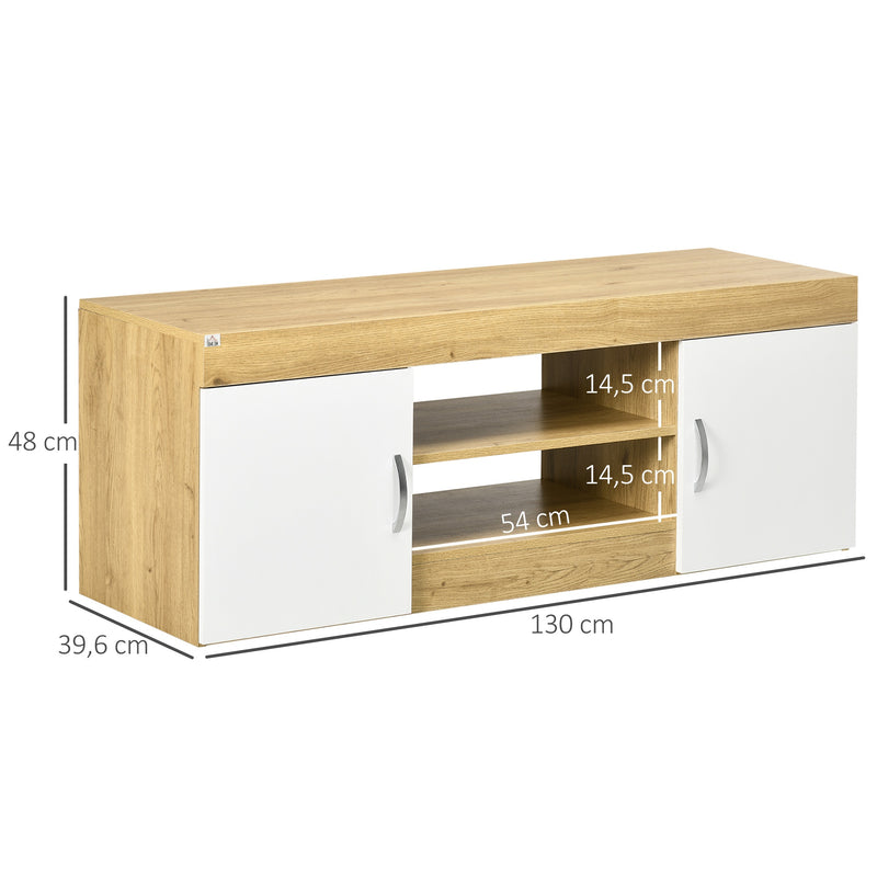 Móvel para TV Móvel para Sala de Estar Moderno com 2 Portas com Puxador e Armazenamento de 2 Níveis para Televisores de até 60 Polegadas para Dormitório 130x39,6x48cm Branco e Madeira