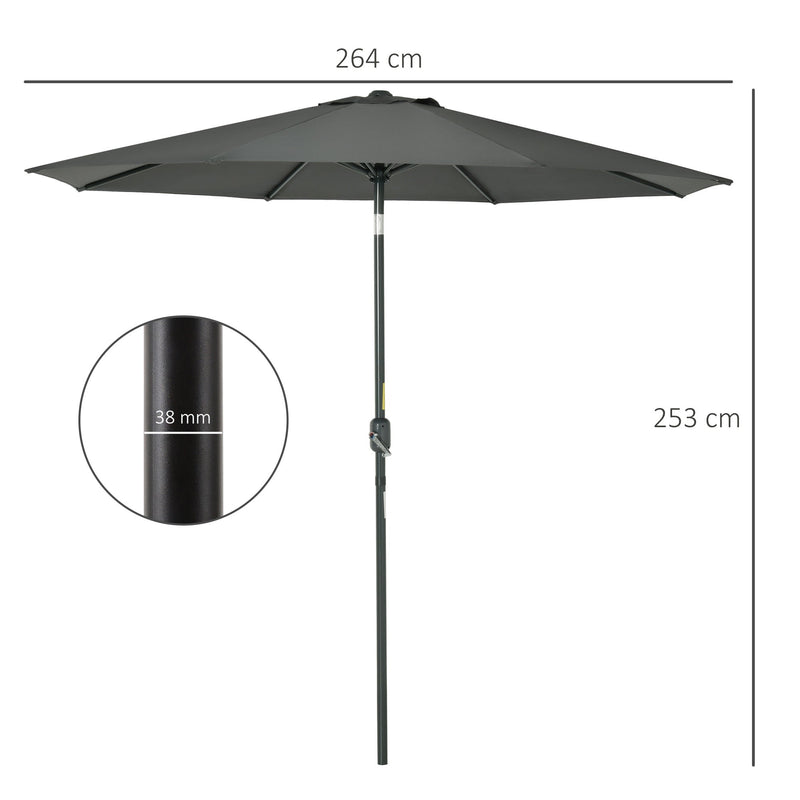 Chapéu de Sol Ø264x253cm com Proteção UV+50 Chapéu de Sol de Alumínio Inclinável com Manivela para Terraço Balcão Exterior Cinza