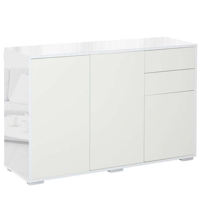 Aparador de Sala de Estar com 3 Portas 2 Gavetas e Prateleira Interior Ajustável Móvel Auxiliar de Armazenamento para Cozinha Dormitório Anti-Rolamento 117x36x74cm Branco