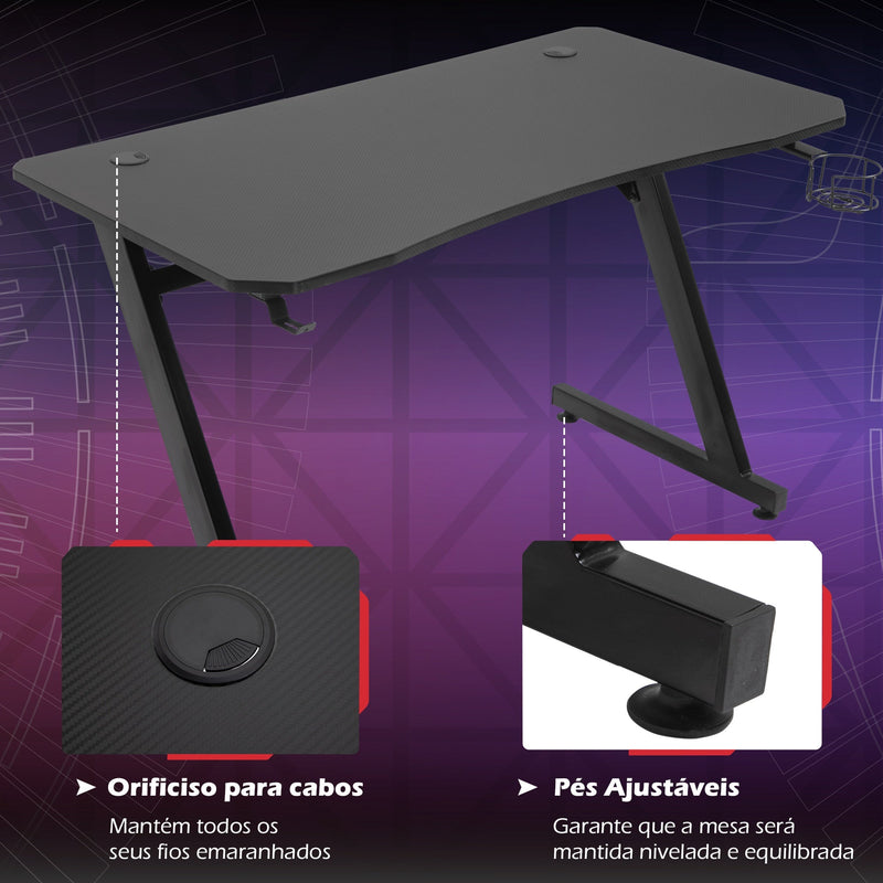 Secretária tipo gaming mesa de escritório com suporte para copos gancho e pés ajustáveis ??120x65x74,5 cm preto