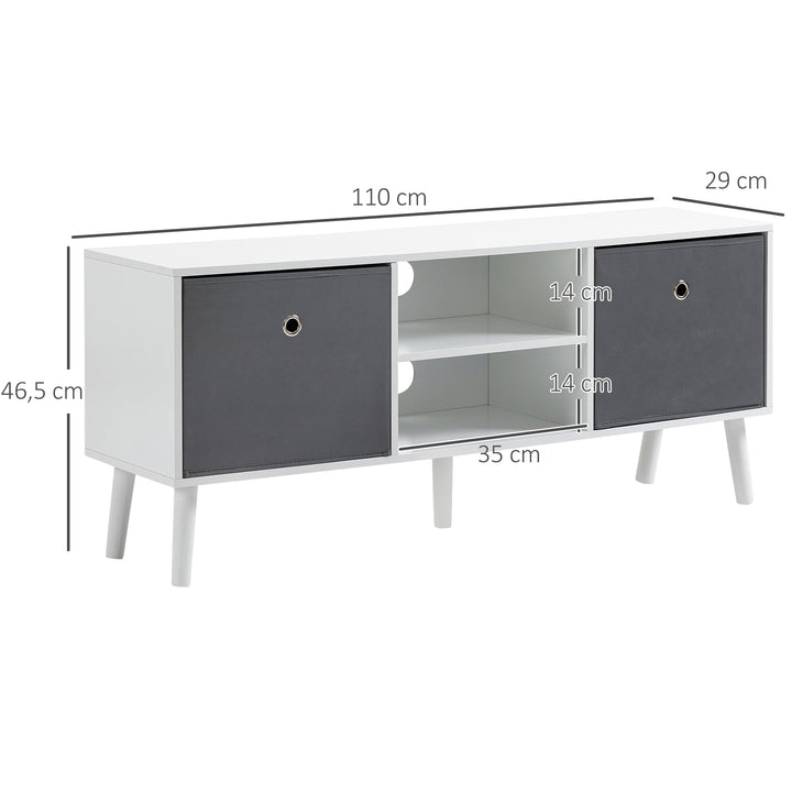 Móvel de TV para Televisores de até 50 Polegadas Móvel de Sala de Estar Moderno com 2 Gavetas de Tecido 2 Prateleiras Abertas e Orifício Passa Cabos 110x29x46,5cm Branco e Cinza