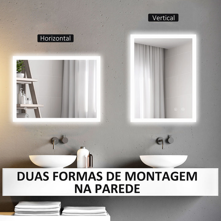 Espelho Casa de Banho com Luzes LED 70x50 cm Espelho de Parede com Função Antiembaciamento 3 Cores Função de Memória Interruptor Tátil e Classificação IP44 Horizontal ou Vertical Prata