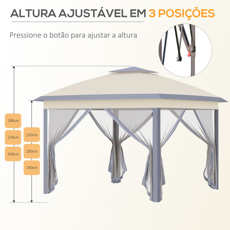 Pérgola Dobrável Exterior 3,3x3,3 m com Altura Ajustável Pérgola de Jardim com Teto Duplo 4 Mosquiteiras Removíveis e Bolsa de Transporte para Acampamento Festas Bege