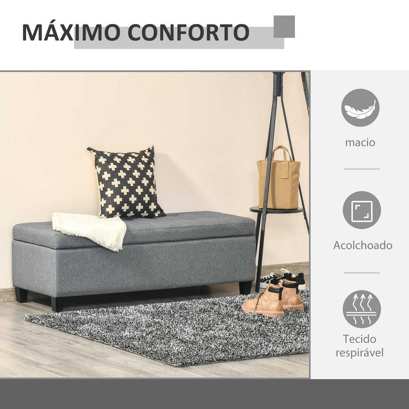 Banco de Armazenamento Acolchoado Banco Estofado em Linho Tampa com Abertura para Sala de Estar Entrada Dormitório Carga Máxima 120 kg 125x49x41,5 cm Cinza