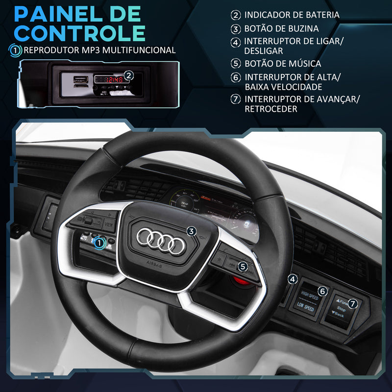 Carro Elétrico Audi E-Tron 12V para Crianças acima de 3 Anos com Controle Remoto Faróis Buzina Música MP3 TF USB e Abertura da Porta 3-8km/h 108x60x47cm Branco