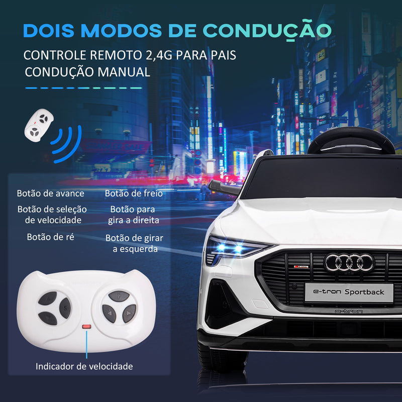 Carro Elétrico Audi E-Tron 12V para Crianças acima de 3 Anos com Controle Remoto Faróis Buzina Música MP3 TF USB e Abertura da Porta 3-8km/h 108x60x47cm Branco