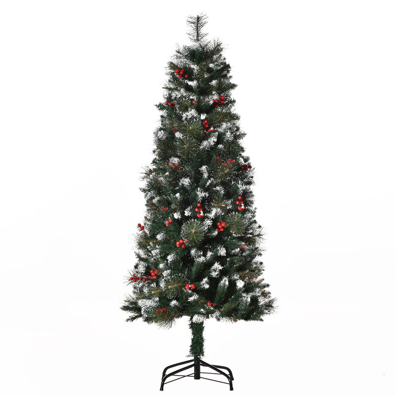 Árvore de Natal Artificial 150cm Ignífugo com 360 Ramos 38 Bagas Folhas de PVC Base Dobrável e Suporte Metálico Decoração de Natal para Interiores Verde