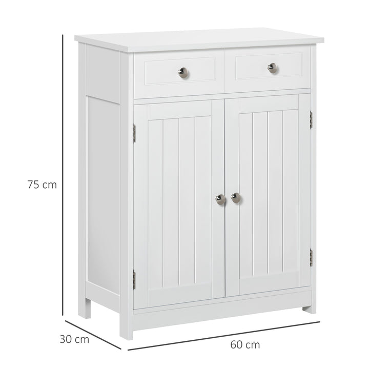 Armário Auxiliar Casa de Banho Móvel Auxiliar de Casa de Banho com 2 Gavetas 2 Portas e Prateleira Ajustável Estilo Moderno para Duche Dormitório 60x30x75cm Branco