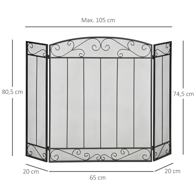 Frente de Lareira Dobrável Frente para Lareira com 3 Painéis Dobradiças Estrutura de Metal e Arame Decorativo 105x80,5cm Preto