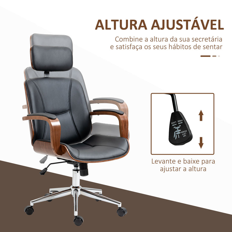 Cadeira de Escritório Operativa de Couro PU com Apoio para a Cabeça Amovível Altura Ajustável 63x62x110-120cm Preto e Madeira