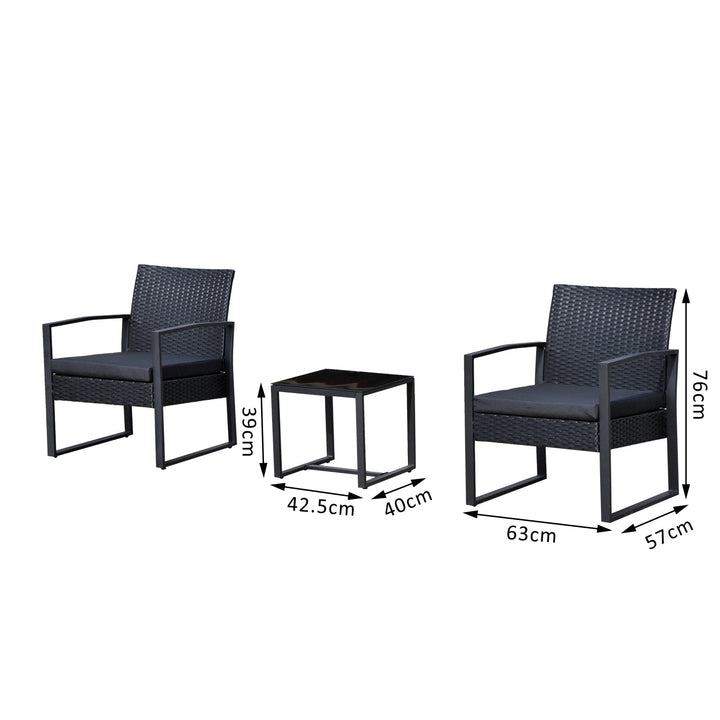 Conjunto de Móveis de Jardim de Vime 3 Peças com 1 Mesa 42,5x40x39 cm 2 Poltronas 63x57x76 cm Almofada Acolchoada para Pátio Varanda Preto