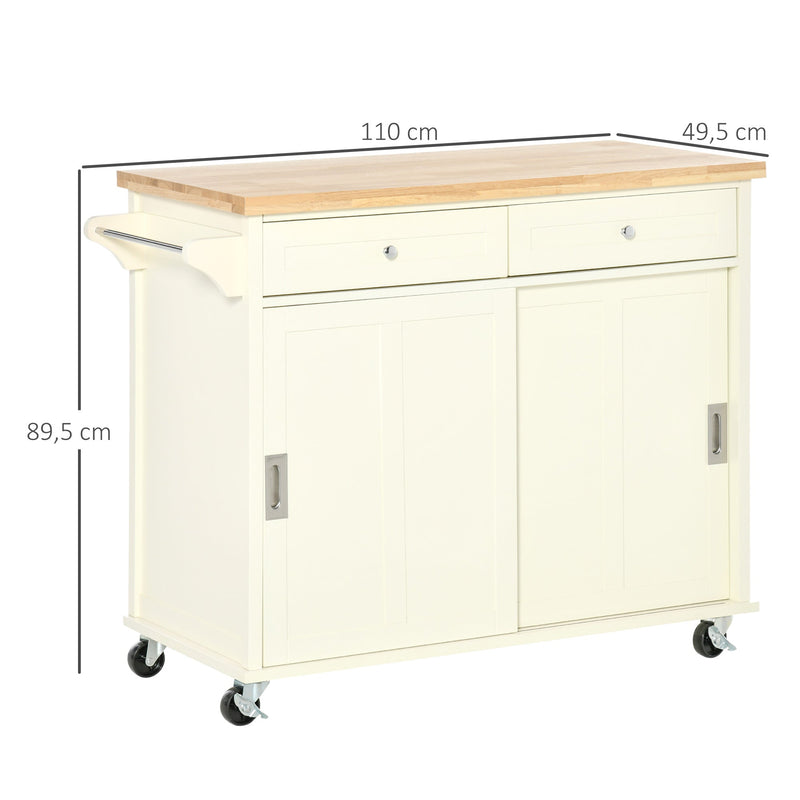 Carrinho de Cozinha com 2 Armários Porta Corredeira 2 Gavetas e Barra para Panos Móvel Aparador com Rodas para Sala de Jantar 110x49,5x89,5cm Creme