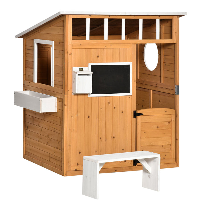 Casa Infantil de Madeira Casa de Brincar para Crianças acima de 3 Anos com Banco Caixa de Correio Lousa Janelas e Portas para Exterior 122x108x135,5cm Natural