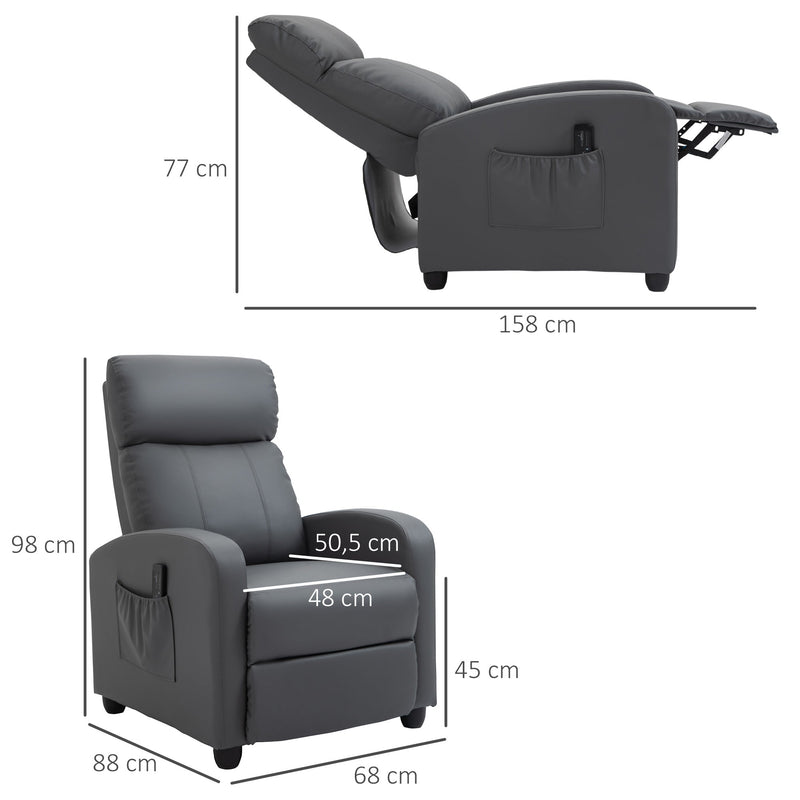 Poltrona de Massagem Poltrona Relax Reinclinável com Controle Remoto 2 Zonas de Massagem 8 Programas 5 Níveis de Intensidade Estofado em PU 68x88x98cm Cinza