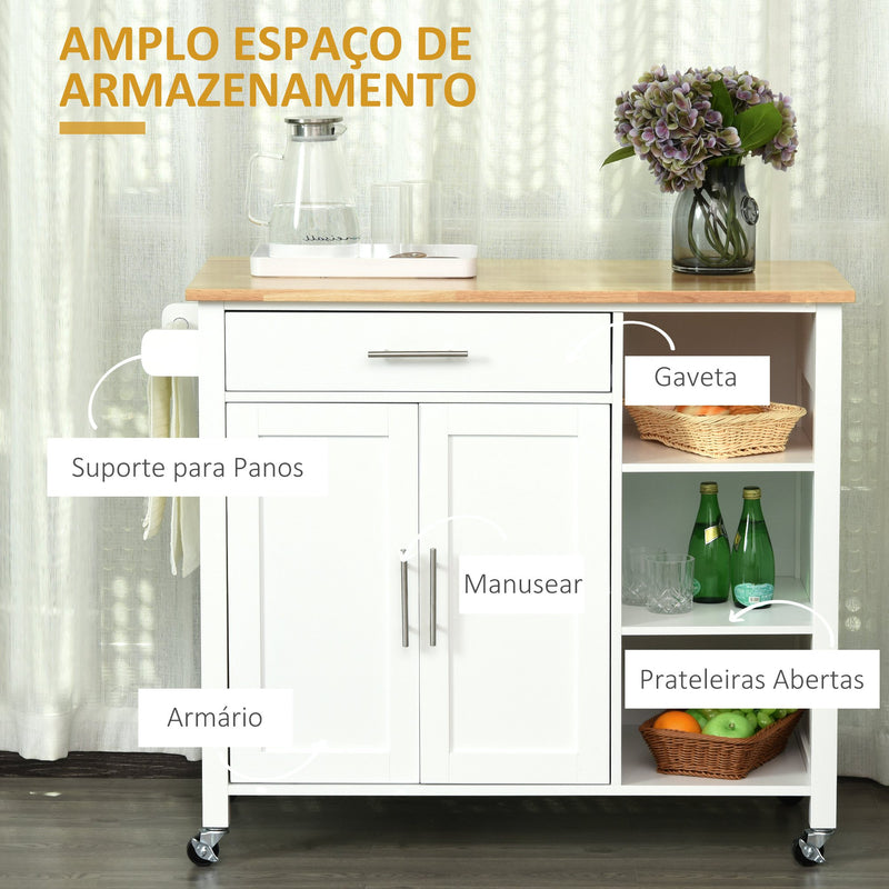 Carrinho de Cozinha com Rodas Móvel Auxiliar de Cozinha com 1 Gaveta 2 Portas 3 Prateleiras Abertas e Barra Lateral para Sala de Jantar 107,5x48x89cm Branco