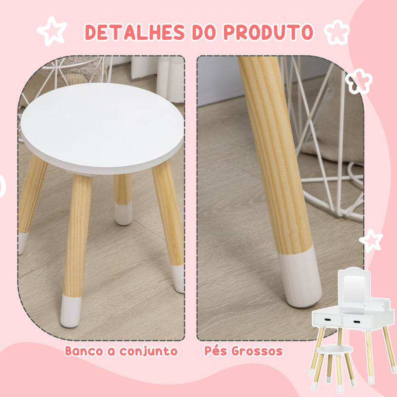 Toucador Infantil Toucador de Madeira Infantil com Banco Espelho e 2 Gavetas Brinquedo Educativo para Crianças de 3-6 Anos 60x40x95cm Branco