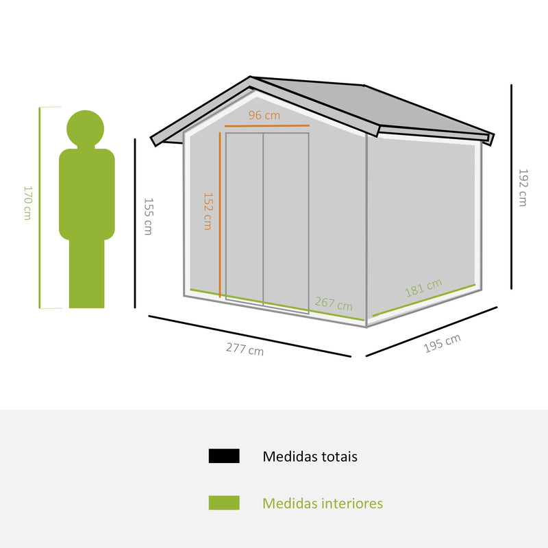 Abrigo de Jardim Exterior Abrigo e Jardim Metálico para Armazenamento de Ferramentas com Base Incluída e 4 Janelas 5,2 m² 277x195x192cm Verde Claro