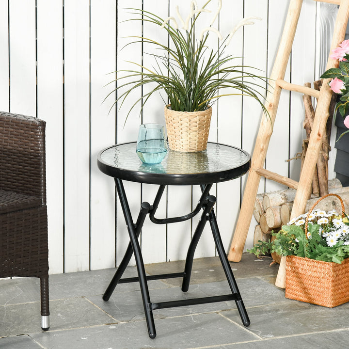 Mesa dobrável redonda de vidro Mesa de jardim com fivela de segurança borda coberta de metal interno e externo Ø45x50 cm Preto
