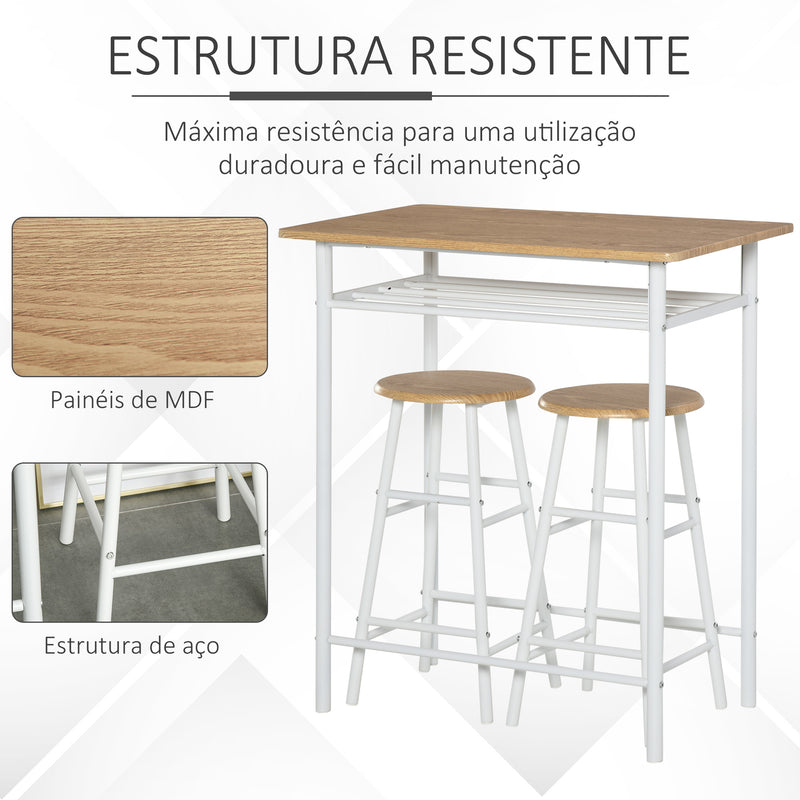 Conjunto de Móvel Bar Conjunto de Mesa Alta e 2 Bancos com Prateleira de Armazenamento e Estrutura de Metal para Cozinha Sala de Jantar 80x50x90cm Branco e Madeira