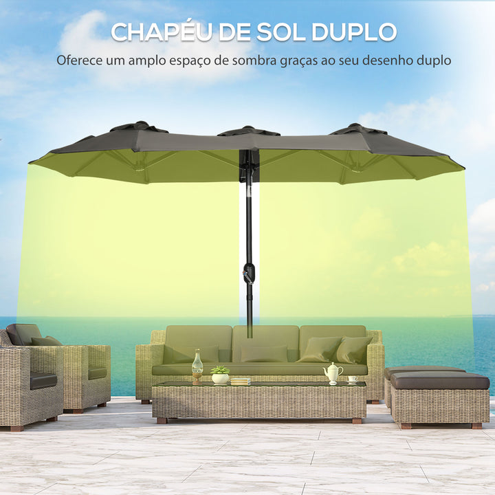 Chapéu de Sol Duplo 285x147x227cm Chapéu de Sol de Jardim com Inclinação de 45° Manivela Estrutura de Aço para Pátio Varanda Piscina Cinza