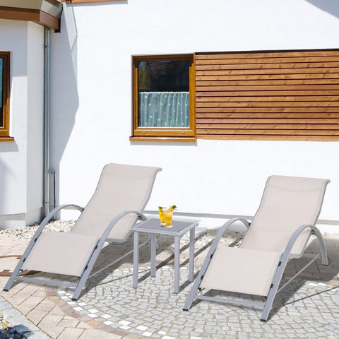 2 Espreguiçadeiras de Jardim 59x169x66 cm com Mesa 41x41x45 cm Vidro Temperado Apoio de Braços para Pátio Piscina varanda Bege
