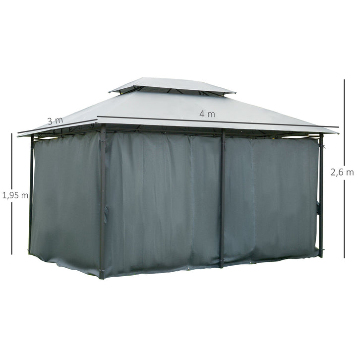 Pérgola de jardim 3x4 m com estrutura de aço telhado duplo 6 cortinas laterais 8 orifícios de drenagem Boa ventilação para festas Eventos cinza