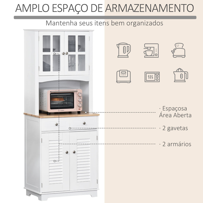 Armário de cozinha Armário aparador com 2 portas 2 gavetas e prateleira aberta para microondas 68x39,5x170 cm branco