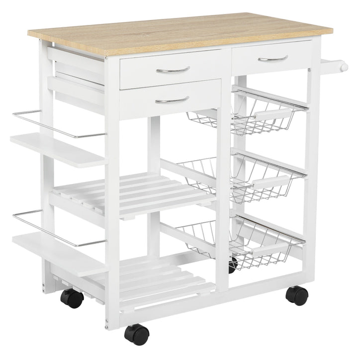Carrinho de cozinha Carrinho de serviço multifuncional com gavetas Cestas Prateleiras de especiarias Toalheiro Rodas 92x37x82 cm Branco