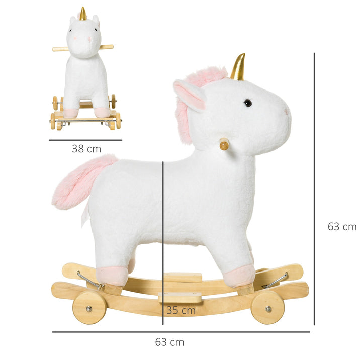 Baloiço Infantil em Forma de Unicornio para Crianças acima de 3 Anos Baloiço 2 em 1 com Rodas e Sons 45kg 63x38x63cm Branco