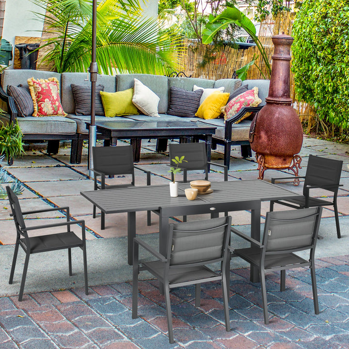 Conjunto de Móveis de Jardim 7 Peças Conjunto de Refeição de Exterior com Mesa Extensível e 6 Cadeiras Empilháveis com Estrutura de Alumínio e Assento de Textilene 90-180x89x74cm Cinza