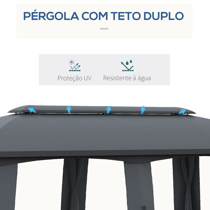 Pérgola de Jardim 3x6m Pérgola de Exterior com Teto Duplo 6 Cortinas Laterais 6 Telas Mosquiteiras com Zíper e Estrutura de Metal para Festas Eventos Pátio Cinza Escuro