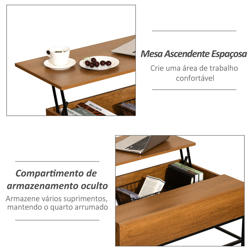 Mesa de centro elevável versátil com armazenamento oculto Pernas de metal para sala de estar Sala de jantar 90x60,5x45,5 cm Teca