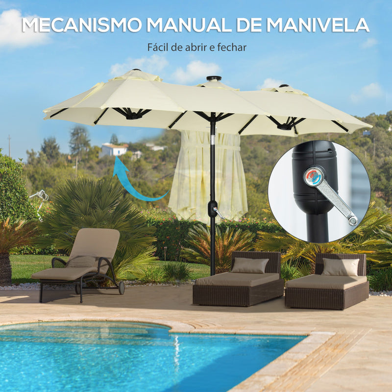 Chapéu de Sol Duplo com Luzes LED 280x146x227cm Chapéu de Sol de Jardim com Inclinação de 45° Manivela Estrutura de Aço para Pátio Varanda Piscina Bege