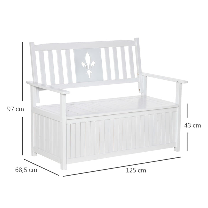 Banco de Madeira Exterior de 2 Lugares com Espaço de Armazenamento e Tecido Oxford Banco Baú de Jardim Terraço com Apoio para os Braços Carga 250kg 125x68,5x97 Branco