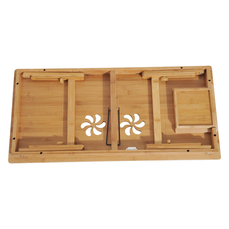 Mesa de Computador Portátil Bandeja de cama de bambu Dobrável Reclinável Altura Ajustável Apoio Mesa colo 1 Gaveta 72x35x22-30 cm