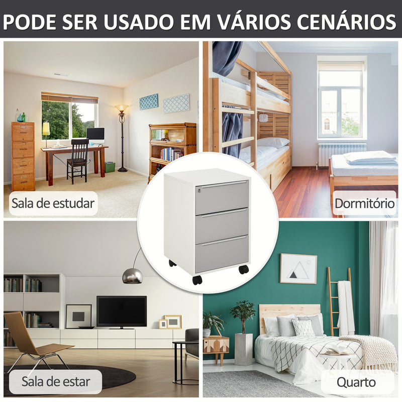 Armário de arquivo móvel para escritório com 3 gavetas Rodas de trava 40x40x63,5 cm Branco e cinza