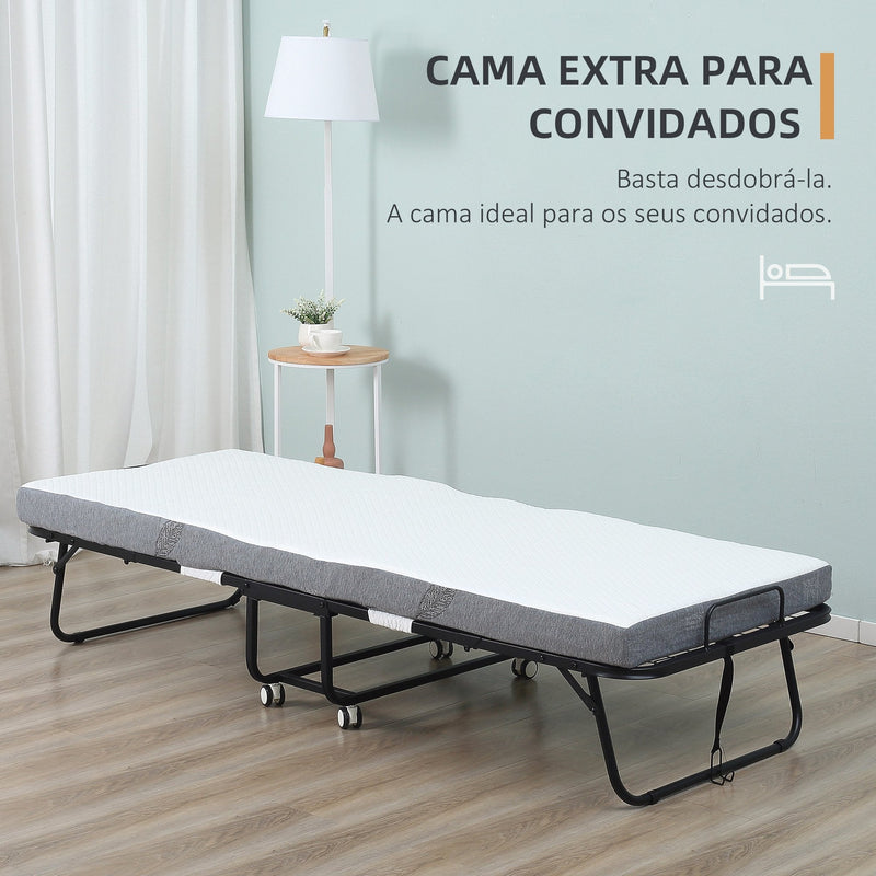 Cama Dobrável 200x90x42,5cm Cama de Campismo Portátil com Colchão Individual Rodas e Freios Carga Máxima 150kg para Dormitórios Branco