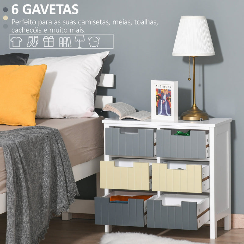 Cómoda de Madeira com 6 Gavetas Cómoda Auxiliar de Armazenamento com Pés Elevados Estilo Moderno para Dormitórios Sala de Estar Casa de Banho 60x28x58cm Multicor