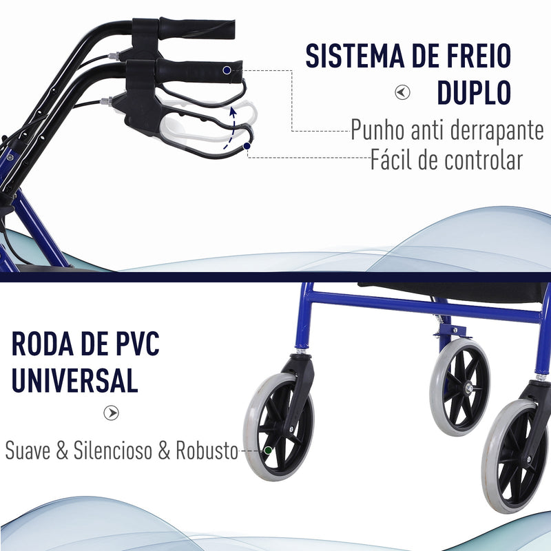 Andador adulto dobrável com freios e assento 77x55,5x84-93 cm